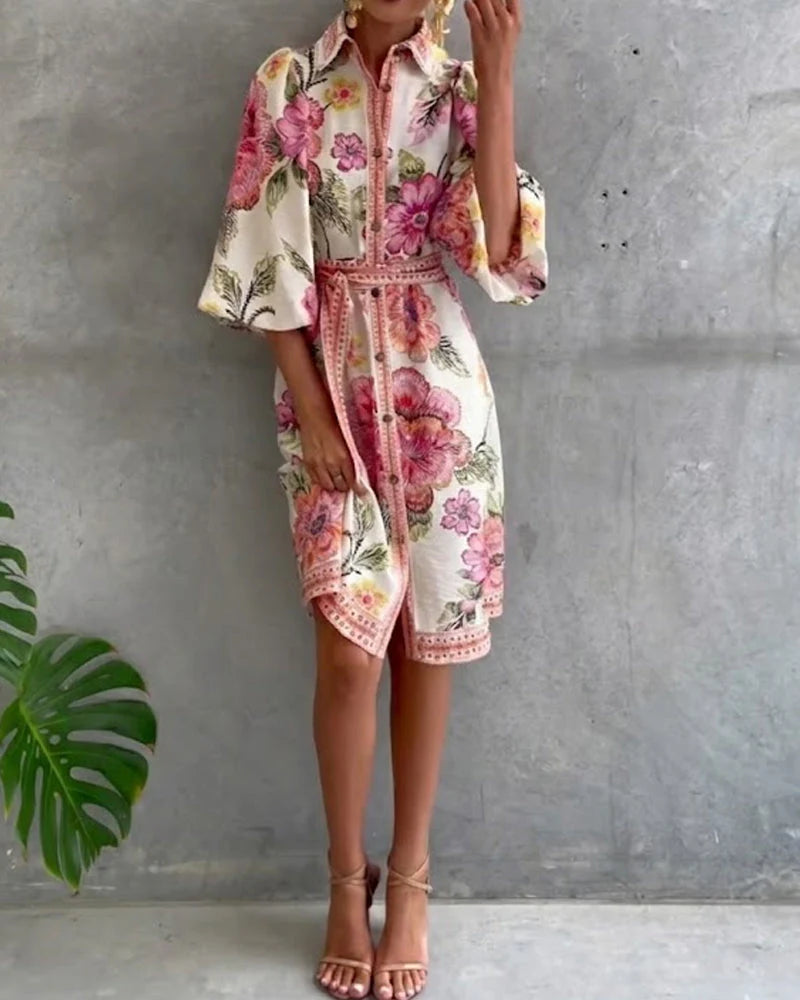 Vivienne | Robe Manche Lanterne Col Cranté Imprimé