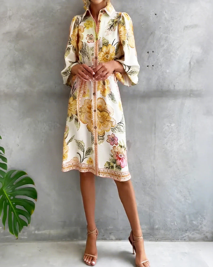 Vivienne | Robe Manche Lanterne Col Cranté Imprimé