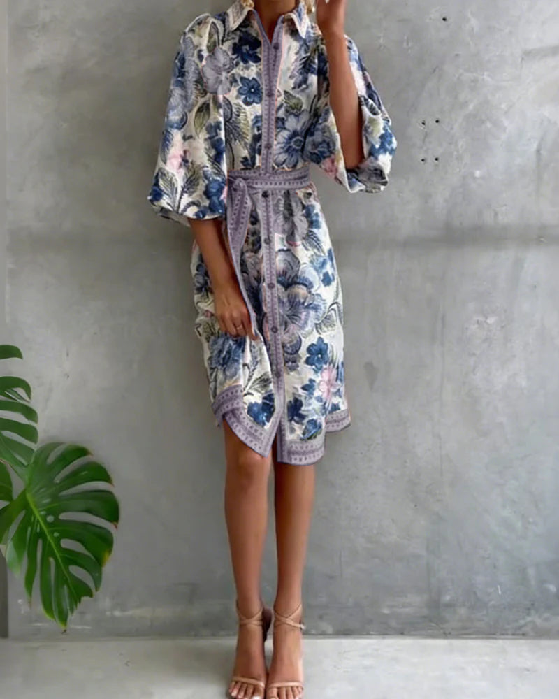 Vivienne | Robe Manche Lanterne Col Cranté Imprimé