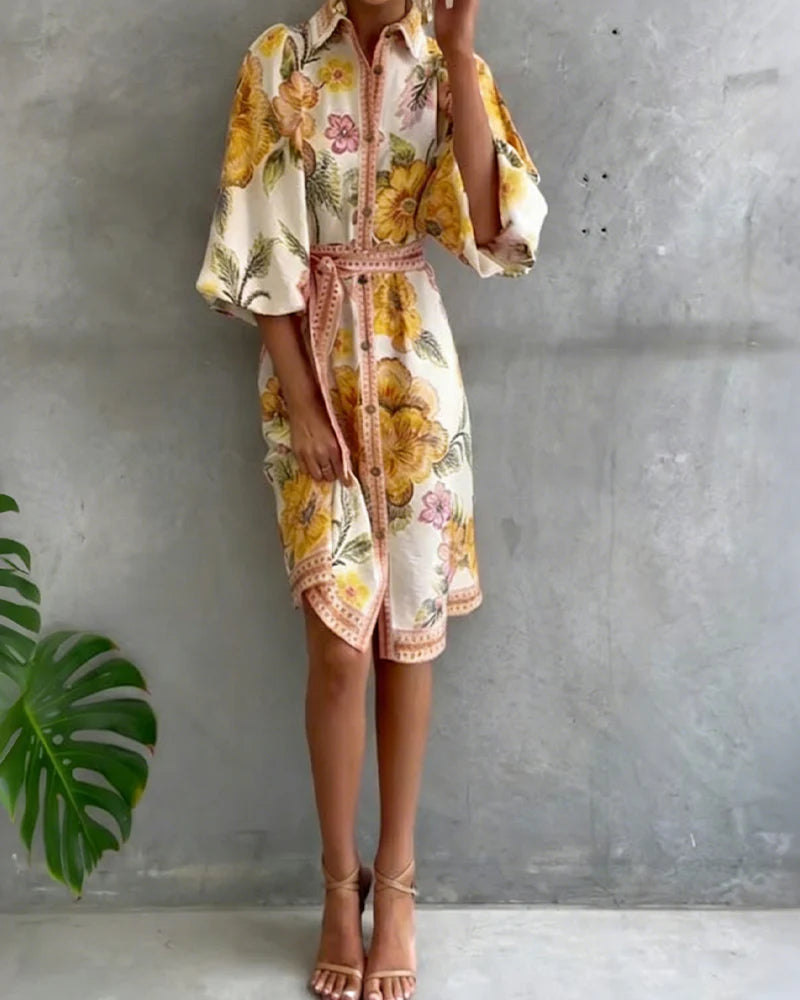Vivienne | Robe Manche Lanterne Col Cranté Imprimé