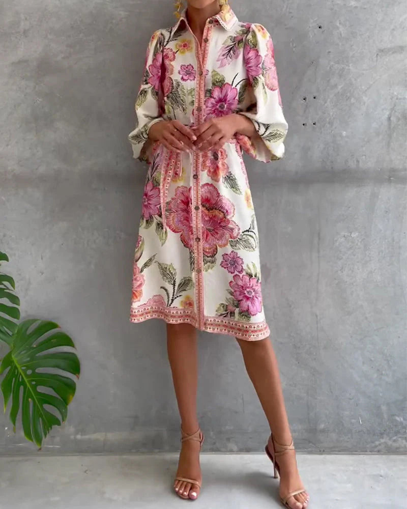 Vivienne | Robe Manche Lanterne Col Cranté Imprimé