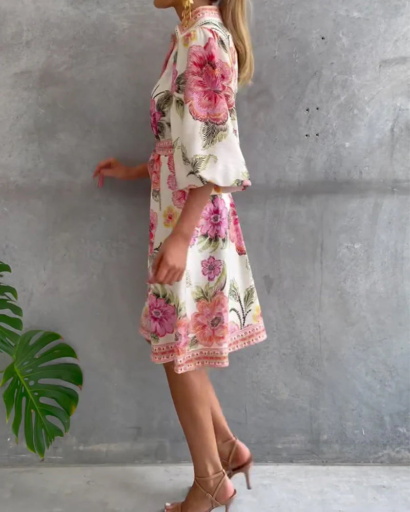 Vivienne | Robe Manche Lanterne Col Cranté Imprimé