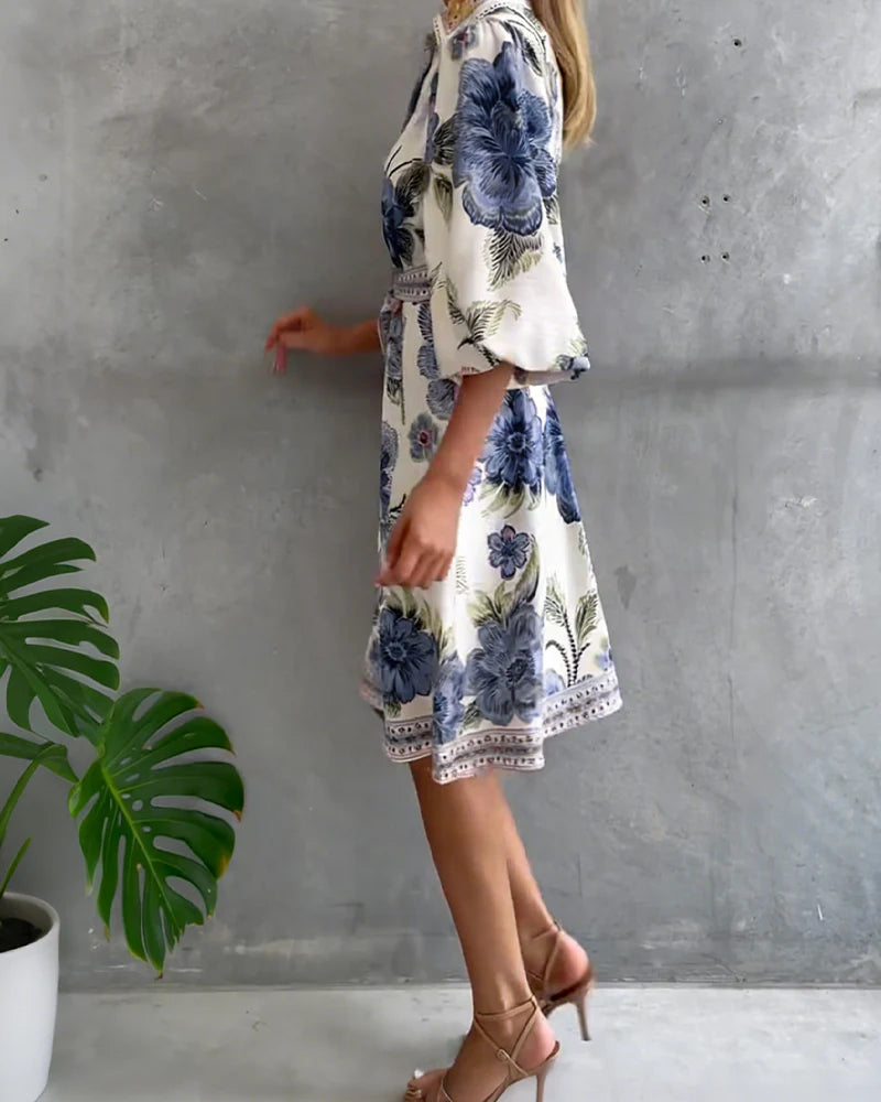 Vivienne | Robe Manche Lanterne Col Cranté Imprimé