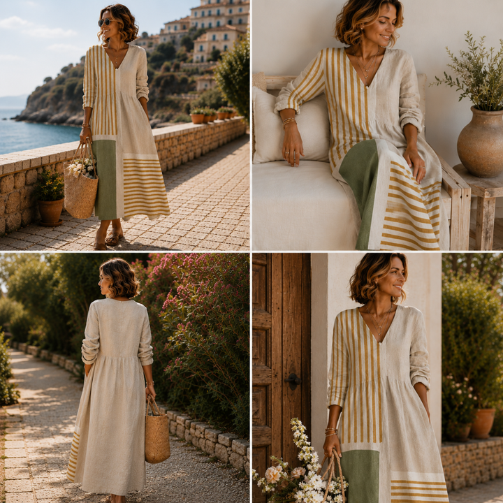 Dilara | Robe Longue Col V Rayures Dorées