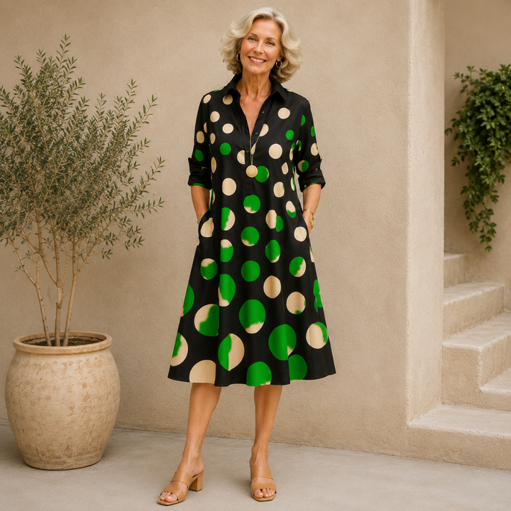 Geneviève | Robe Midi À Pois Col Chemise