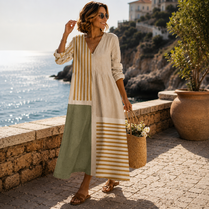 Dilara | Robe Longue Col V Rayures Dorées