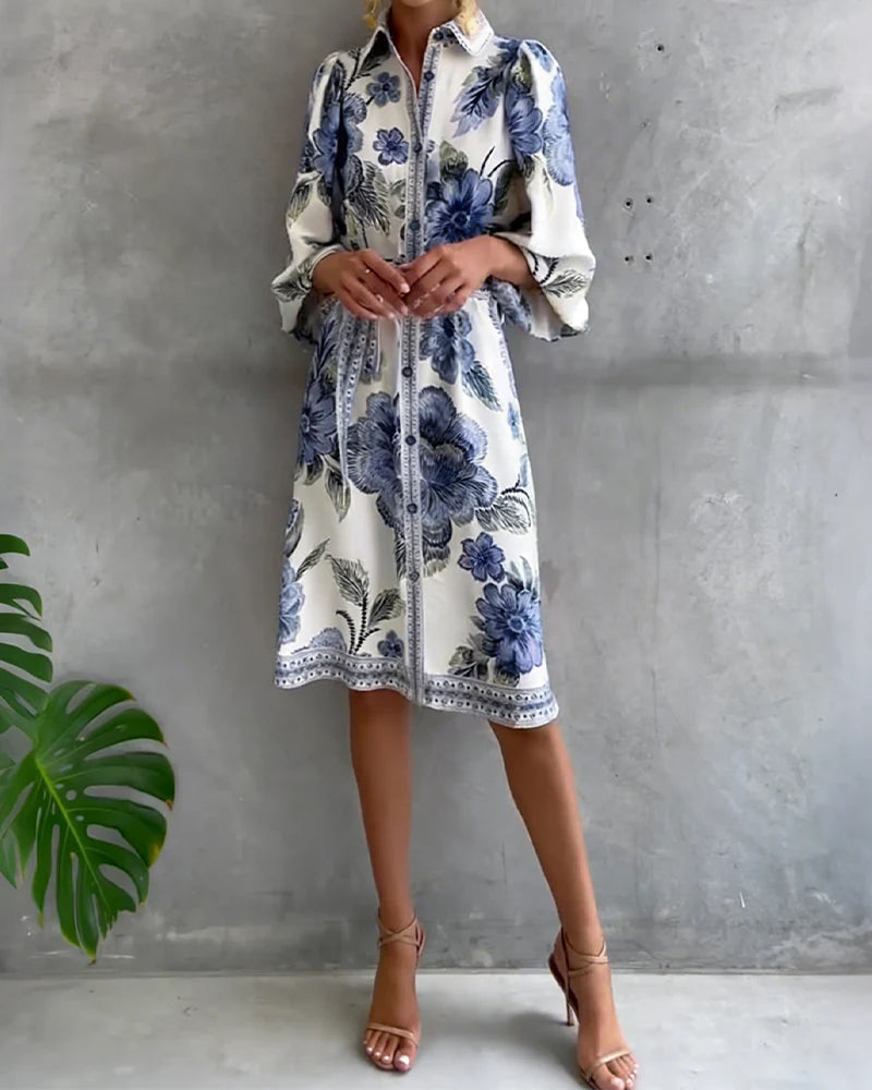 Vivienne | Robe Manche Lanterne Col Cranté Imprimé