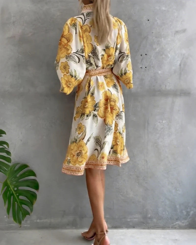 Vivienne | Robe Manche Lanterne Col Cranté Imprimé