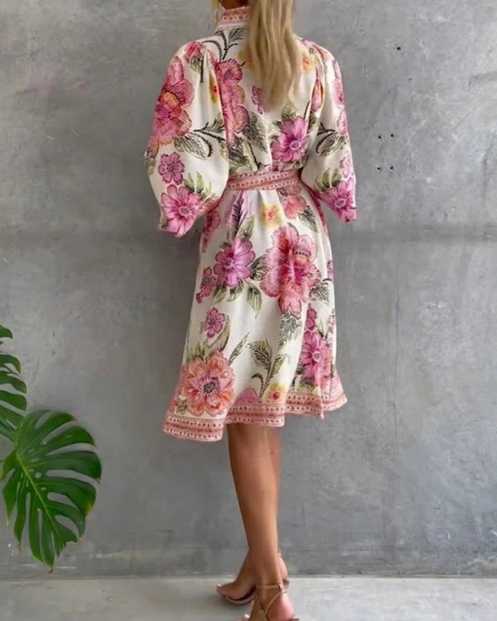 Vivienne | Robe Manche Lanterne Col Cranté Imprimé