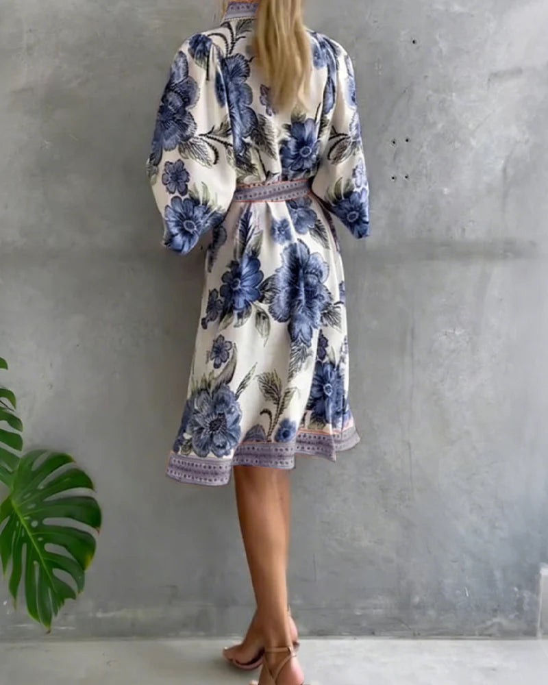 Vivienne | Robe Manche Lanterne Col Cranté Imprimé
